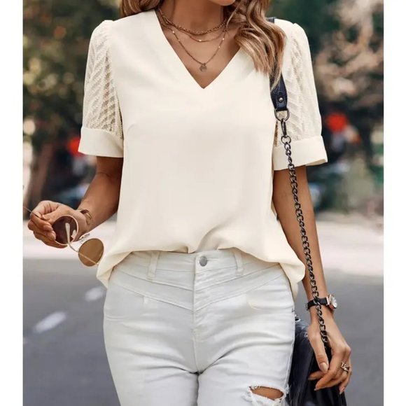Tops - Apricot- Neck Sheer Puff Sleeve Blouse
